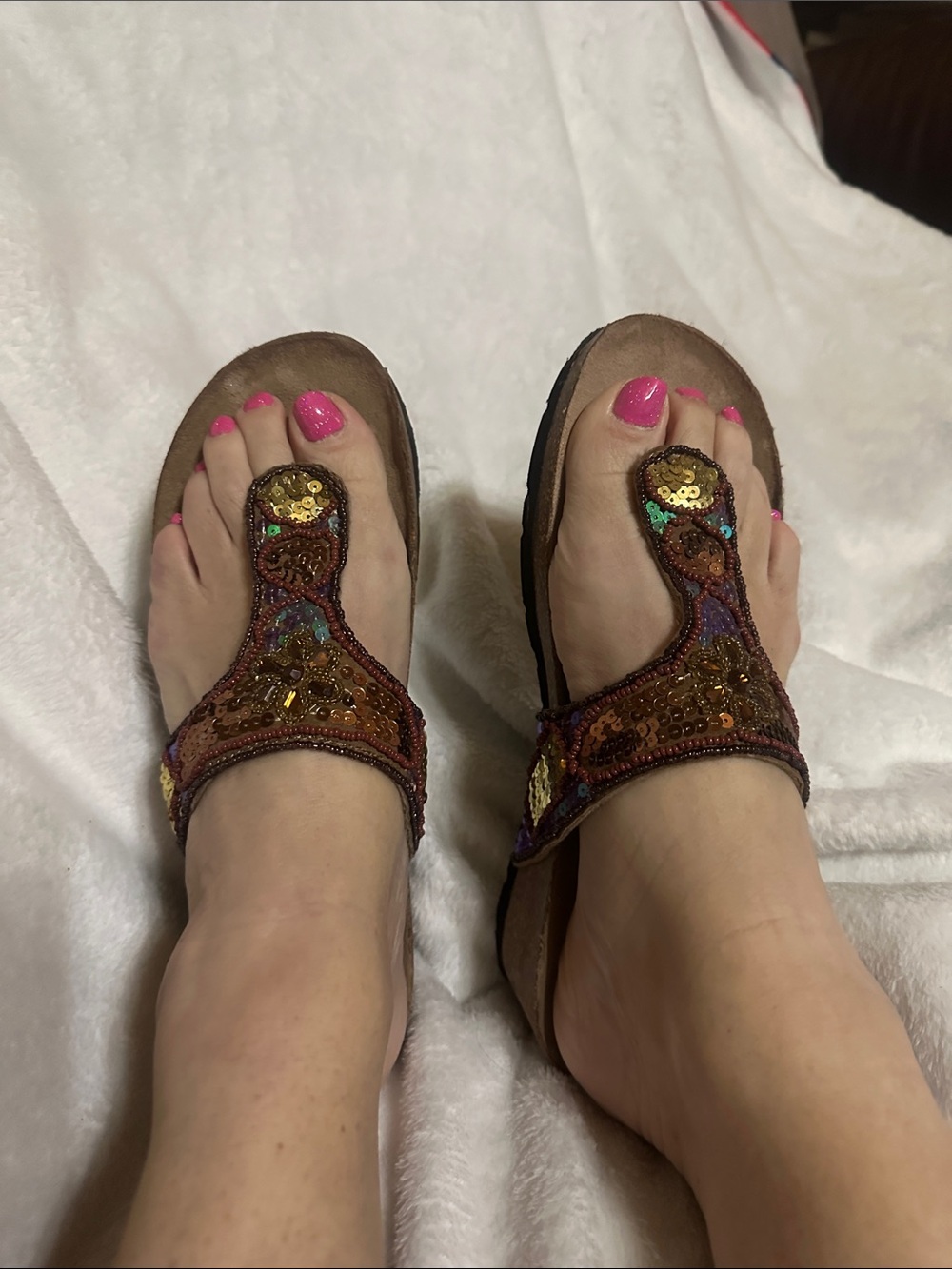 White Mountain Brown Beaded T-Strap Sandals